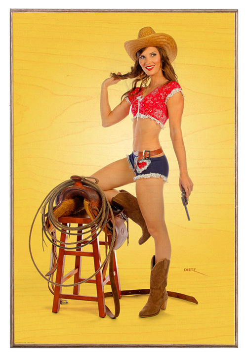 A Real Cowgirl Saddle Vintage Pin-Up Girl Art Rendering - Prints54.com