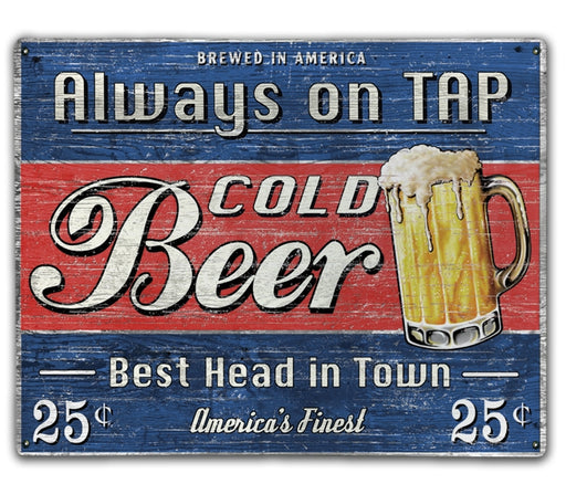 Cold Beer Always On Tap Retro Wood And Metal Sign - Prints54.com
