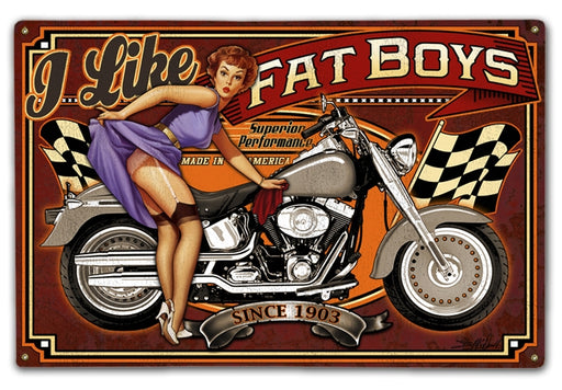 Fat Boys Motorcycle Retro Pin-Up Girl Wood And Metal Sign - Prints54.com