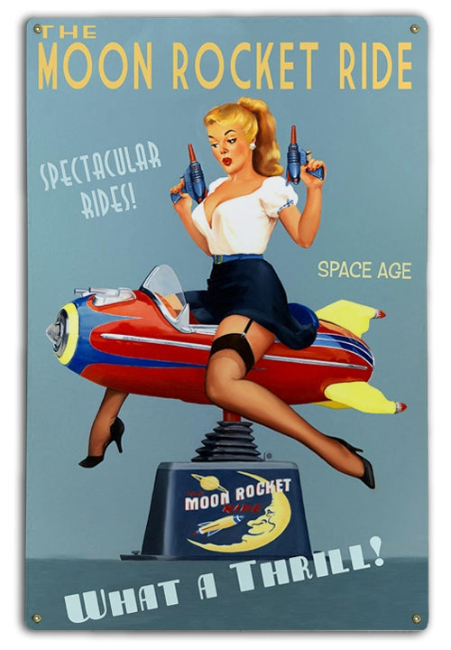 Retro Pin-Up Girl Moon Rocket Ride Art Rendering - Prints54.com