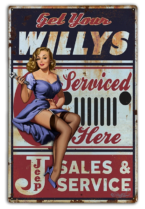 Get Your Willys Serviced Here Mechanic Garage Pin-Up Girl Art Rendering - Prints54.com