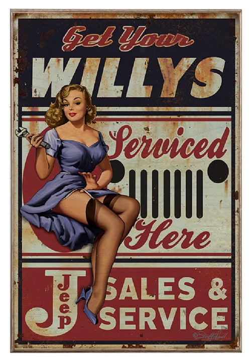 Get Your Willys Serviced Here Mechanic Garage Pin-Up Girl Art Rendering - Prints54.com